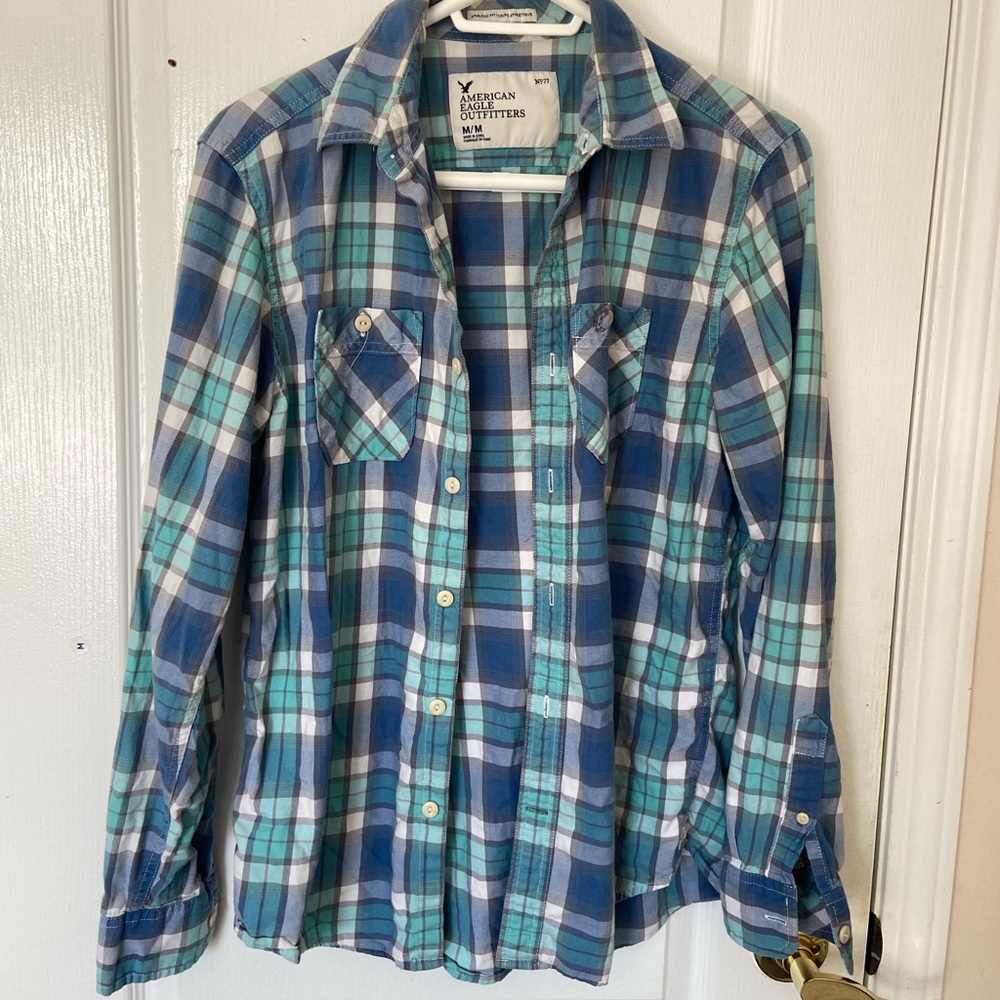 American Eagle Blue/Teal Plaid Shirt (M)